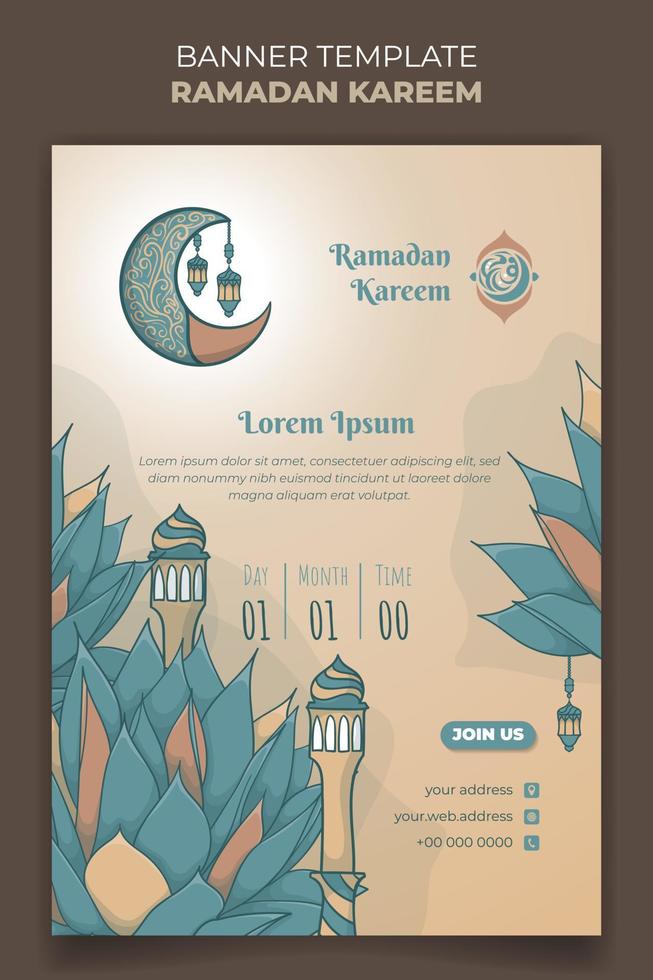 banier sjabloon met gras in hand- getrokken ontwerp met minaret en halve maan voor Ramadan kareem vector