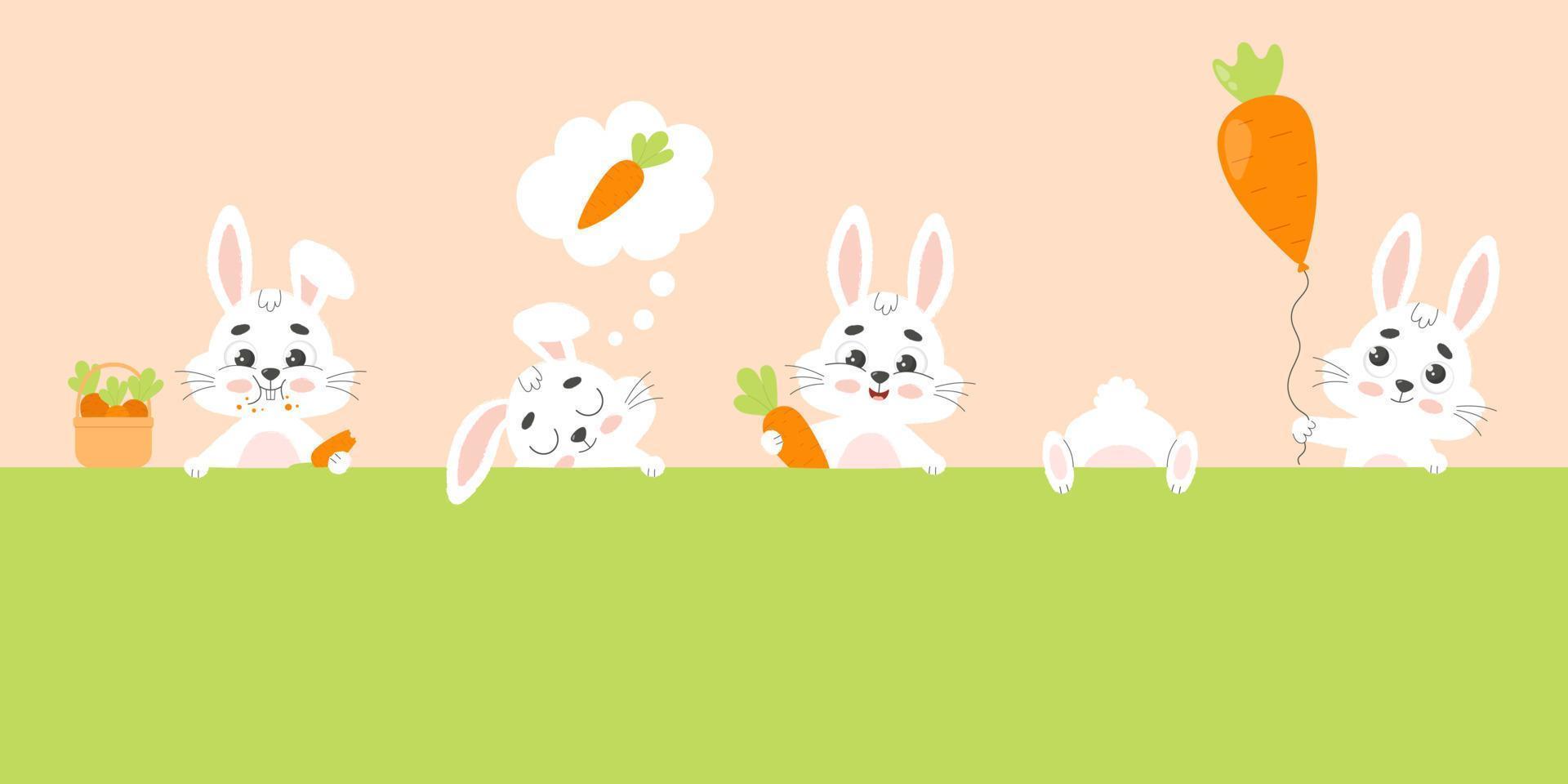 reeks schattig wit grappig konijnen met wortels. konijn karakter. tekenfilm vector illustratie.