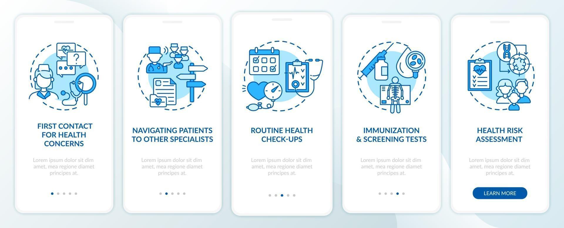 huisarts taken blauw onboarding mobiele app paginascherm met concepten vector