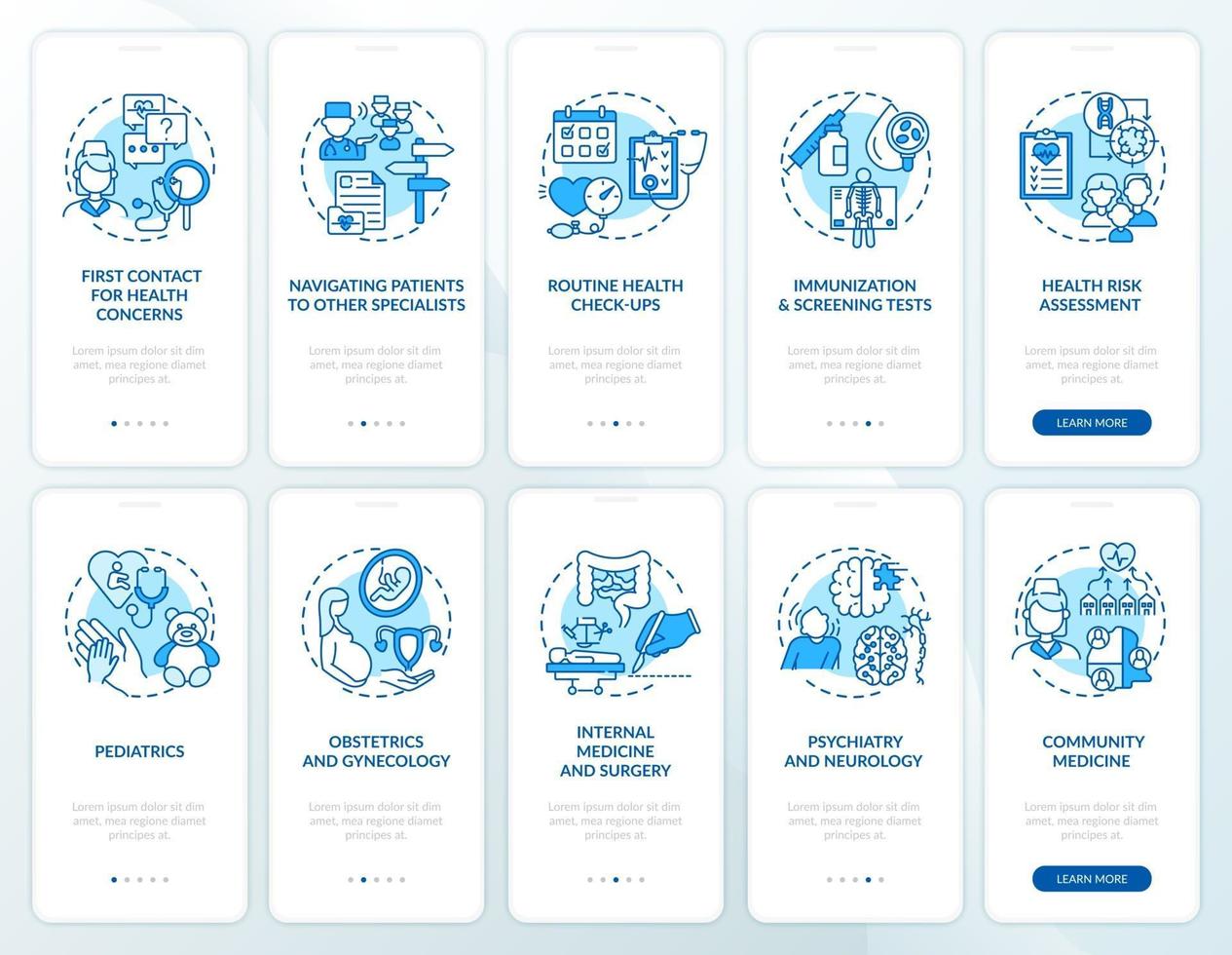 huisarts blauw onboarding mobiele app paginascherm met concepten ingesteld vector
