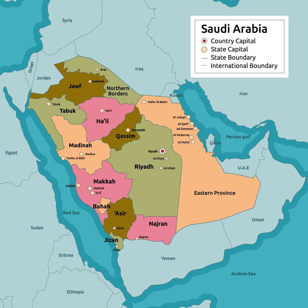 gedetailleerd land kaart van saudi Arabië vector