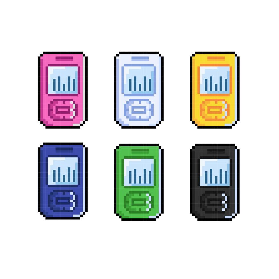 mp3 speler verzameling reeks met verschillend kleur in pixel kunst stijl vector