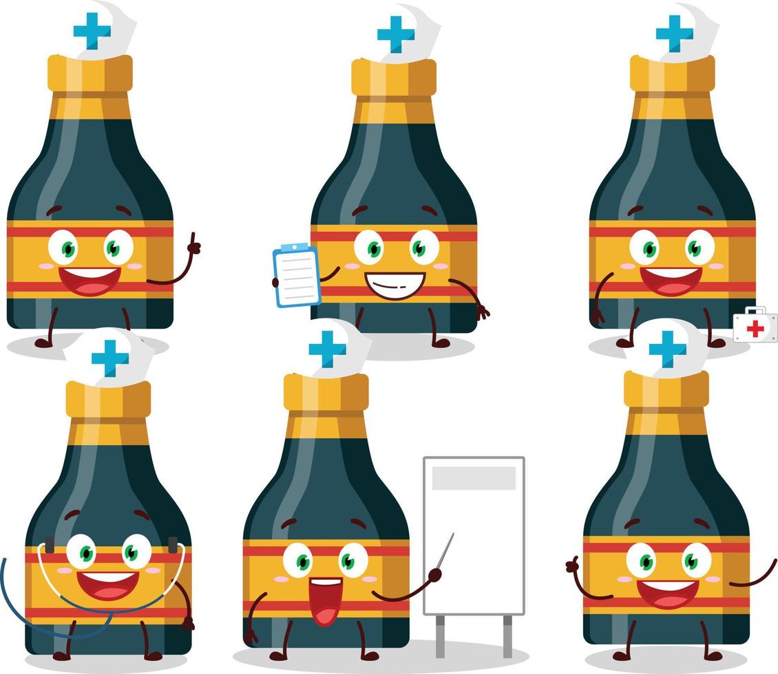 dokter beroep emoticon met wijn fles tekenfilm karakter vector