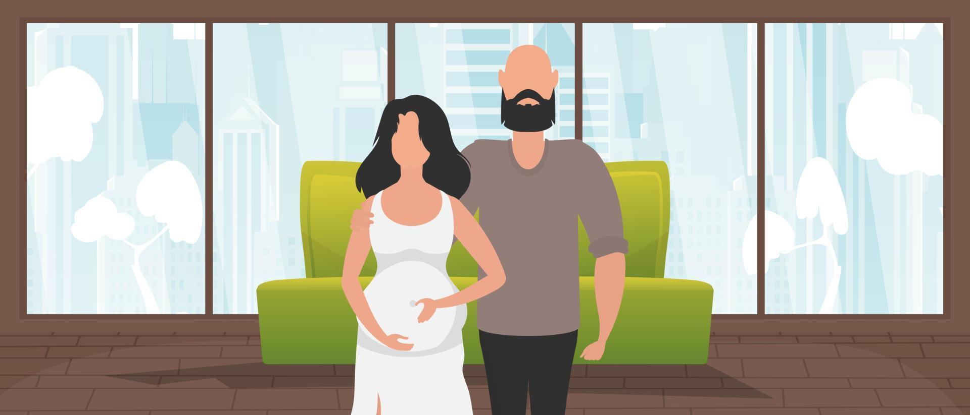 zwanger vrouw met haar echtgenoot. banier Aan de thema van paar Jet baby. gelukkig zwangerschap. schattig illustratie in vlak stijl. vector