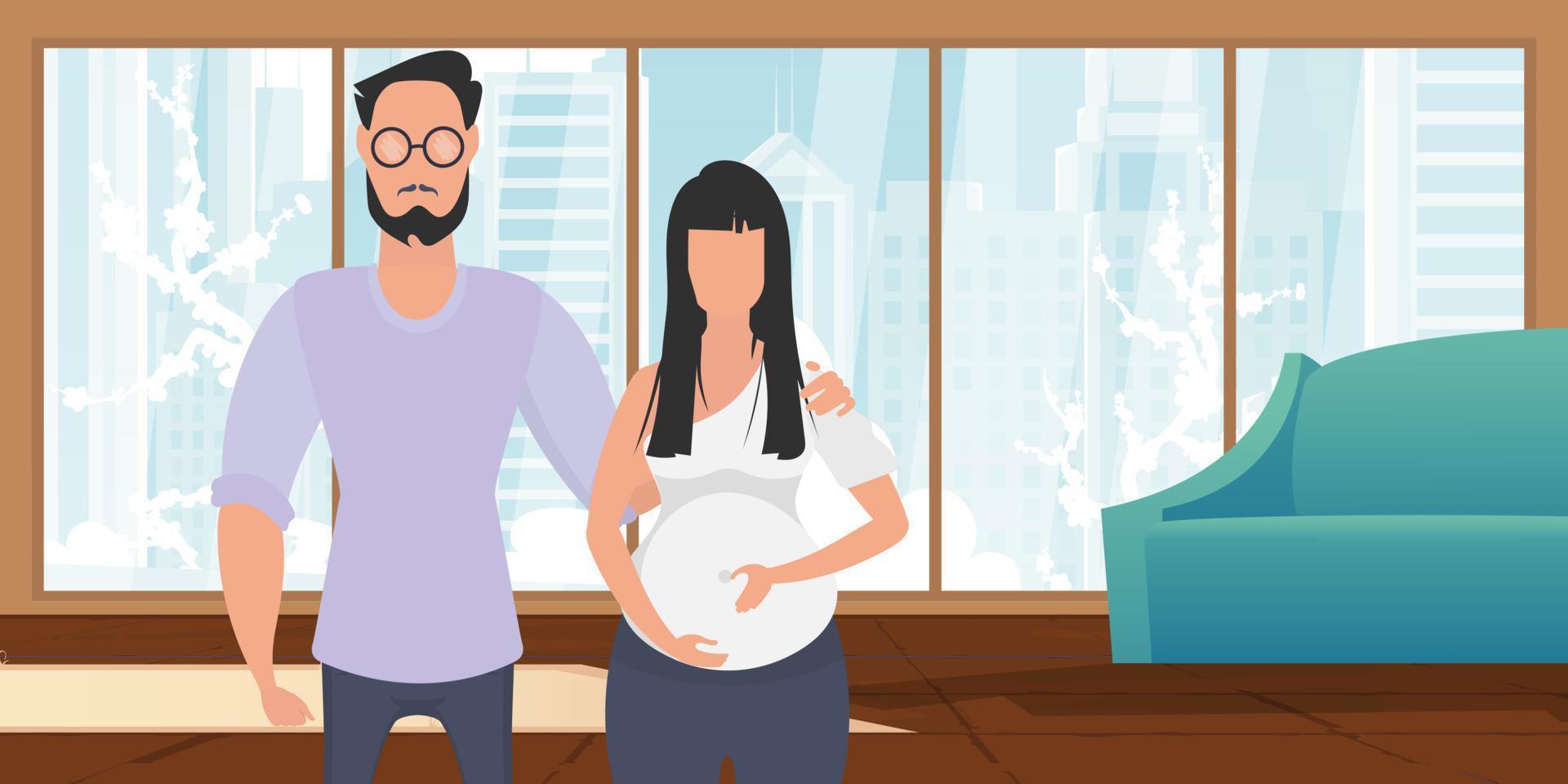 Mens en zwanger vrouw. poster Aan de thema jong familie is aan het wachten voor de geboorte van een kind. positief en bewust zwangerschap. vector in tekenfilm stijl.