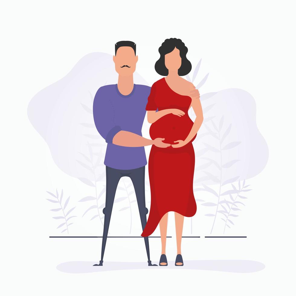 een Mens knuffels een zwanger vrouw. een poster Aan de thema van een kind stoom- Jet. positief en bewust zwangerschap. schattig illustratie in vlak stijl. vector