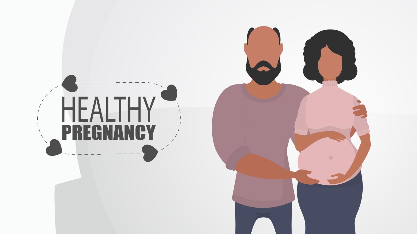 gezond zwangerschap. een Mens knuffels een zwanger vrouw. paar Jet baby. positief en bewust zwangerschap. vector in tekenfilm stijl.