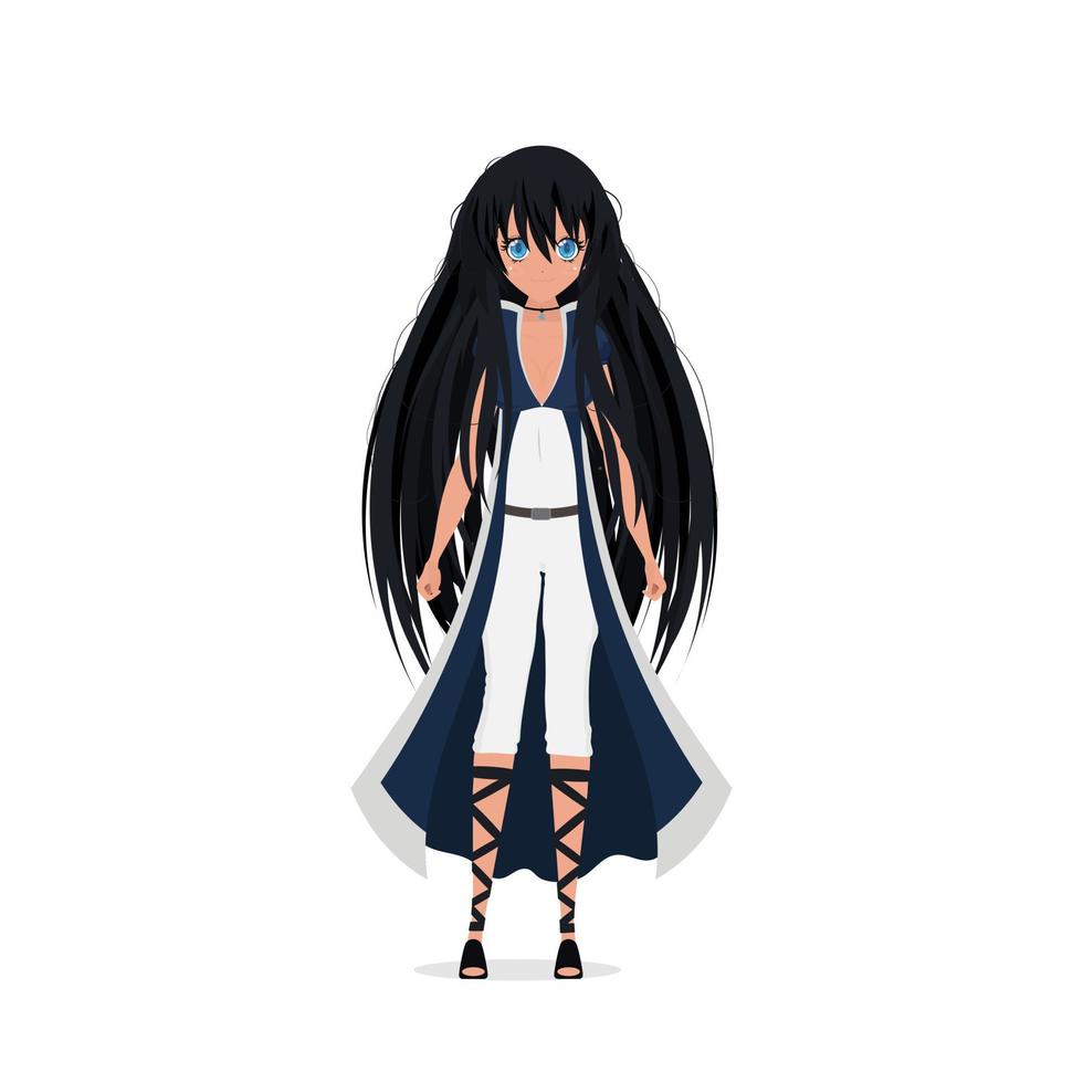 anime stijl meisje gekleed in een lang pak met een mantel. geïsoleerd. vector tekenfilm stijl.