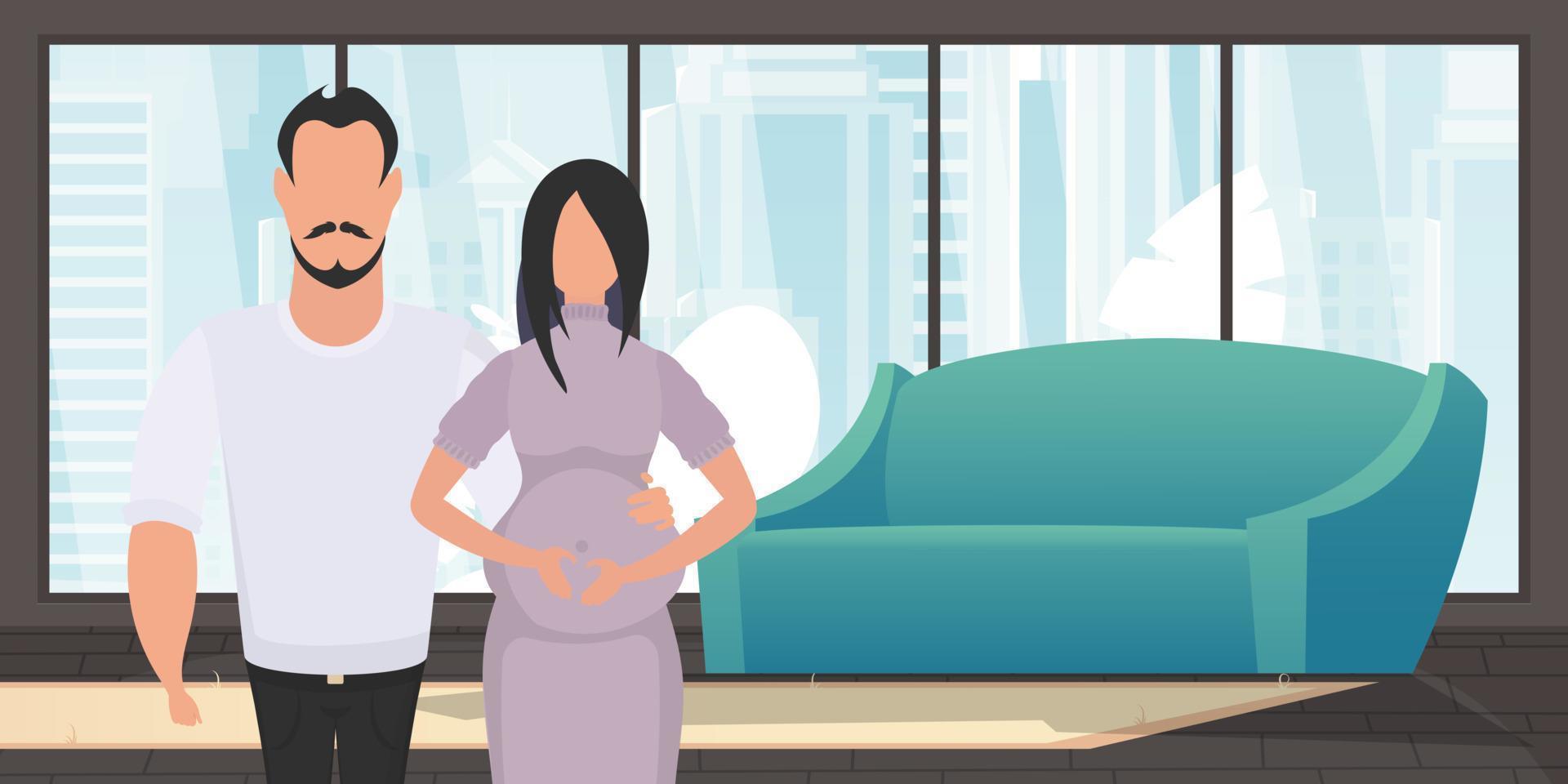 Mens en zwanger vrouw. poster Aan de thema jong familie is aan het wachten voor de geboorte van een kind. positief en bewust zwangerschap. vector illustratie.