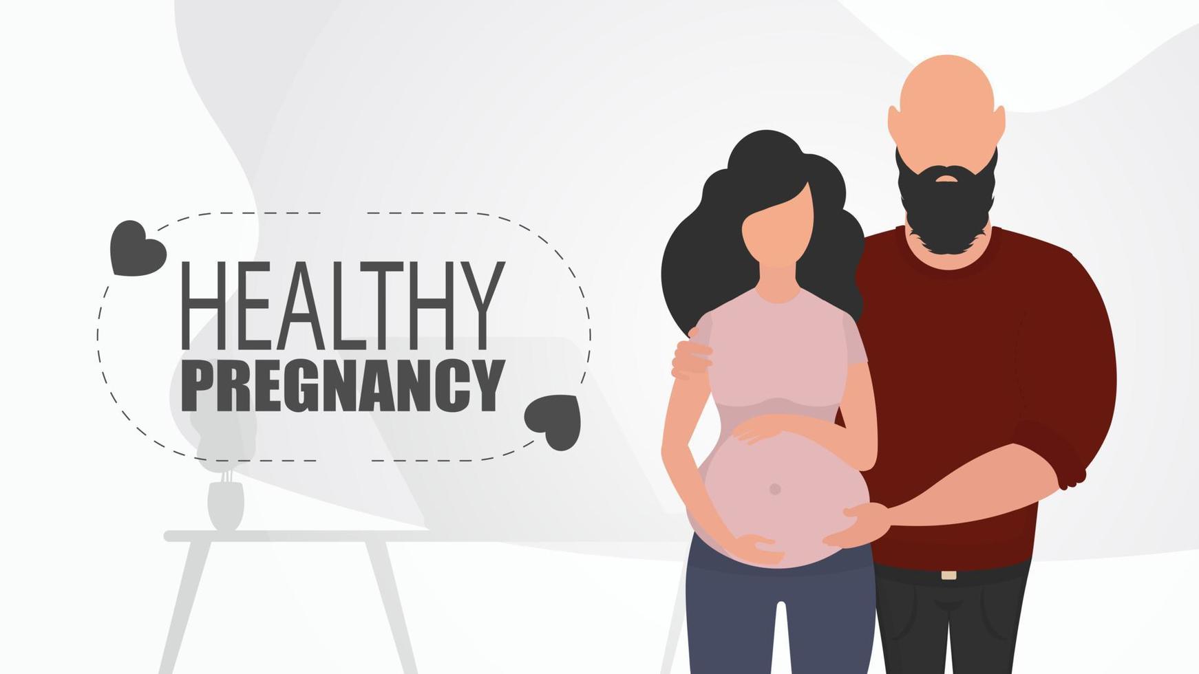 gezond zwangerschap. een Mens knuffels een zwanger vrouw. paar Jet baby. positief en bewust zwangerschap. analyse illustratie in vlak stijl. vector