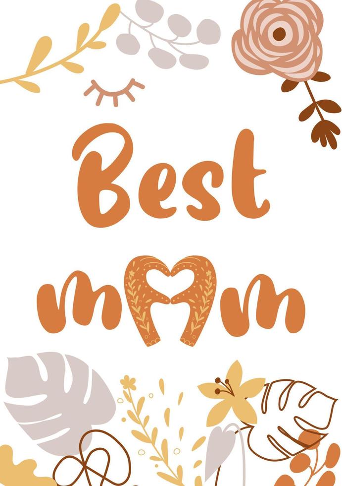 moeders dag kaart. het beste mama. boho moeders dag spandoek. hart vorm geven aan. bloemen Boheems illustratie in pastel kleuren. gelukkig moeders dag groet. boho bloemen, bladeren, oog. schattig hand- getrokken vector poster.