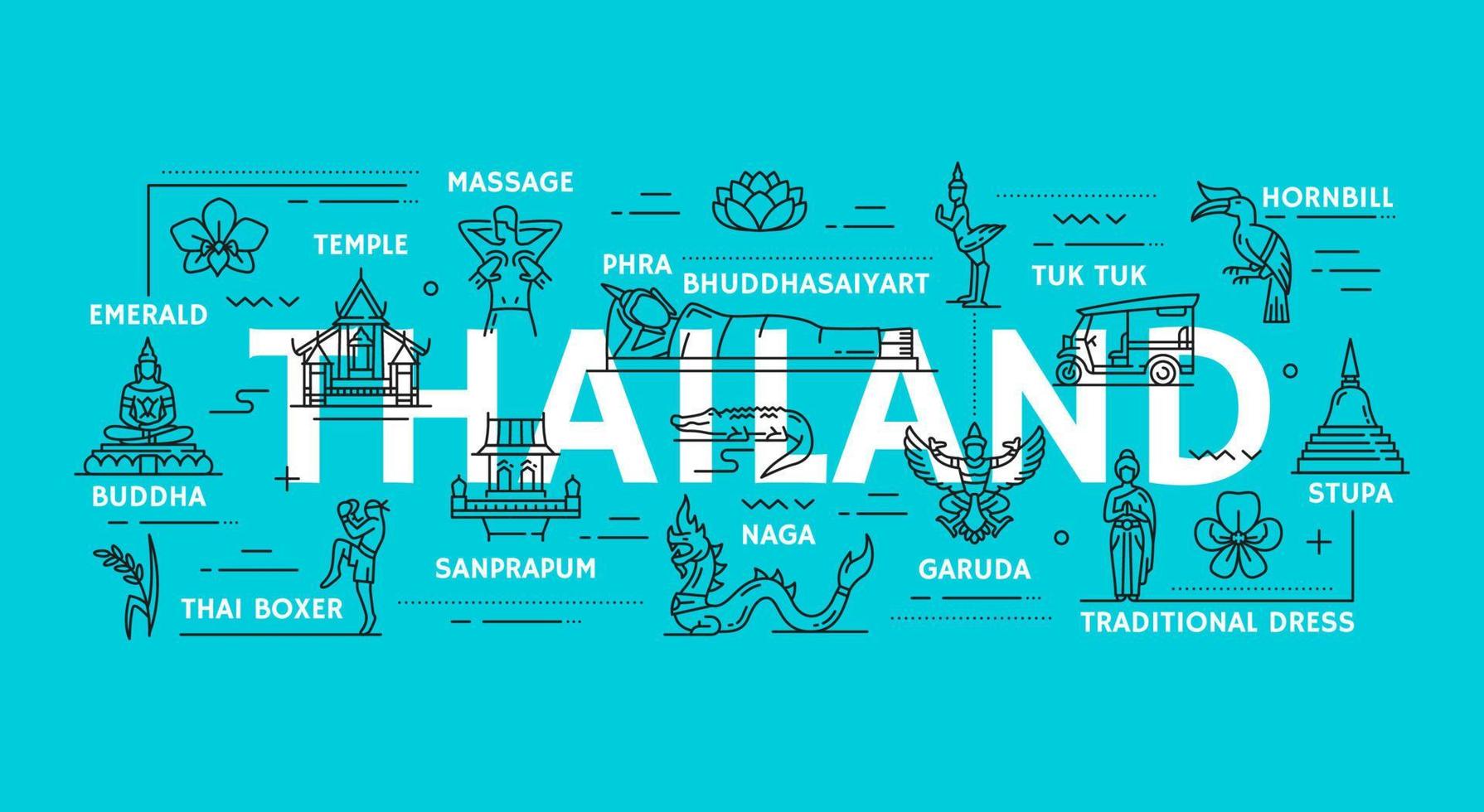Thailand reizen pictogrammen, oriëntatiepunten en Thais toerisme vector