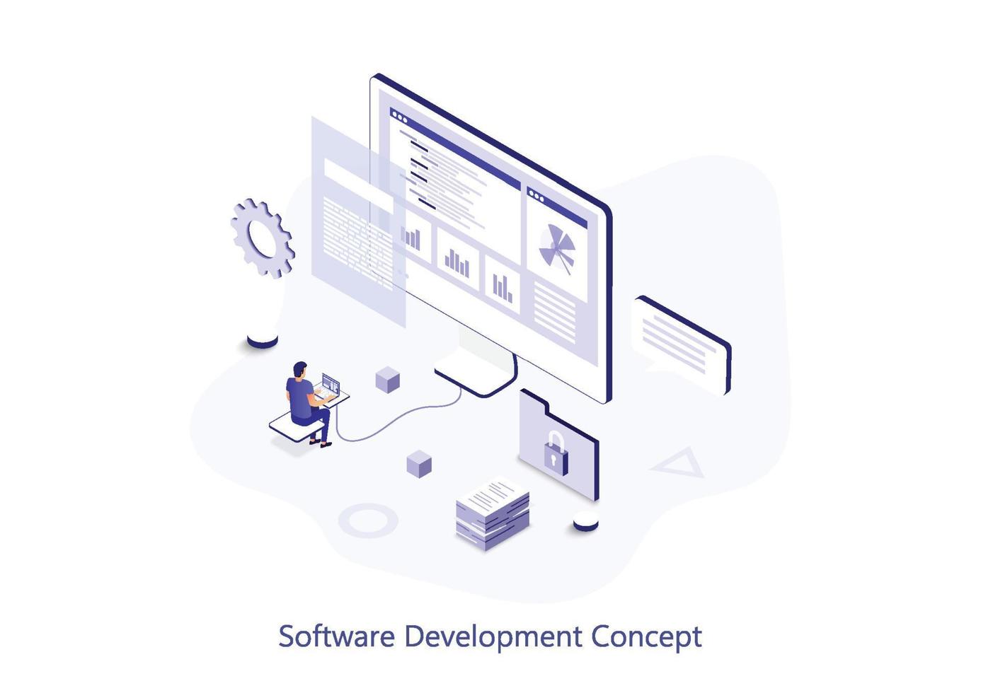 isometrische webconcept voor softwareontwikkeling. mensen programmeren in verschillende talen, werken met code, optimaliseren en aanpassen van de programmascène. vectorillustratie voor websitesjabloon in 3D-ontwerp vector