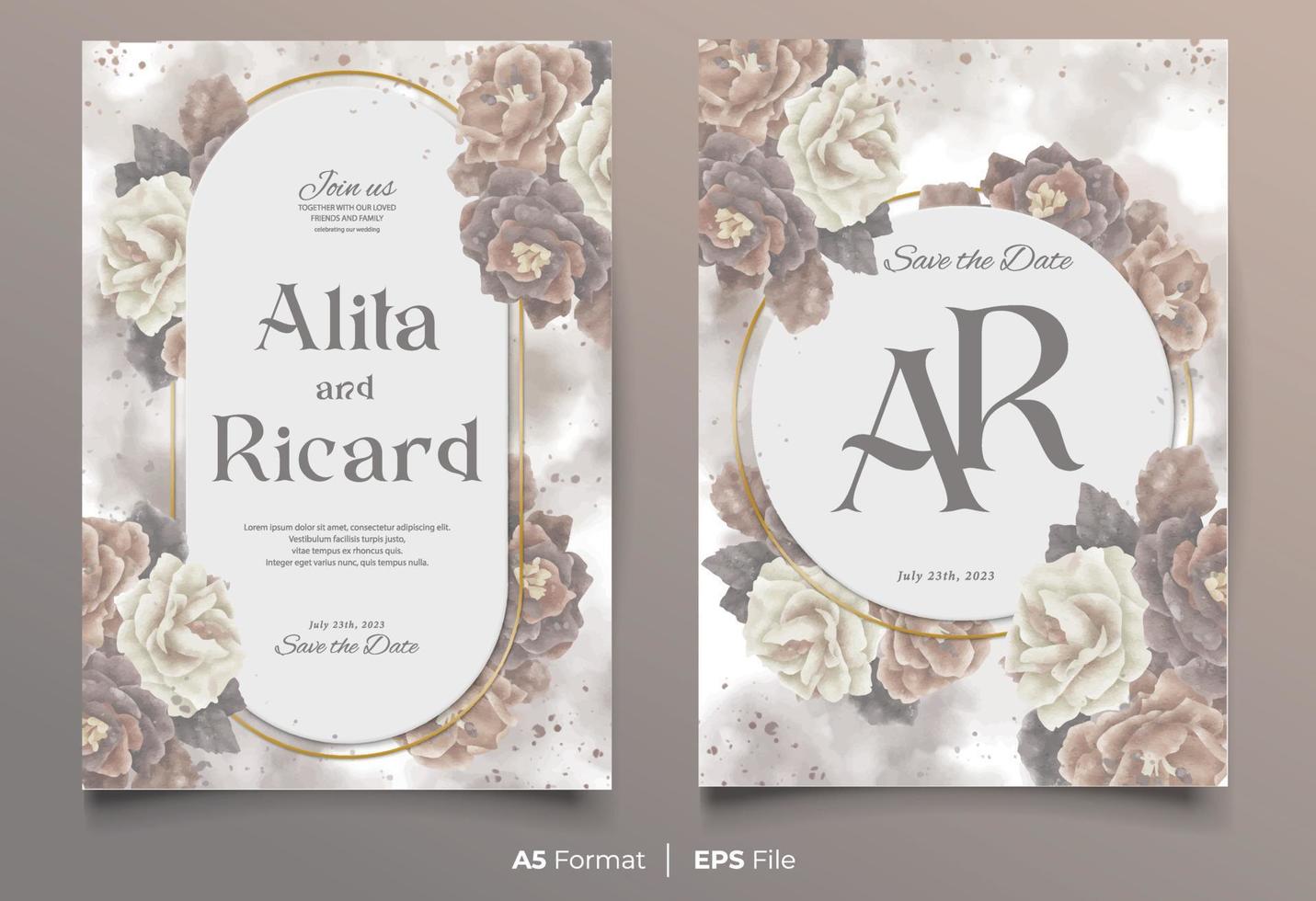 waterverf bruiloft uitnodiging kaart sjabloon met wit en bruin bloem ornament vector