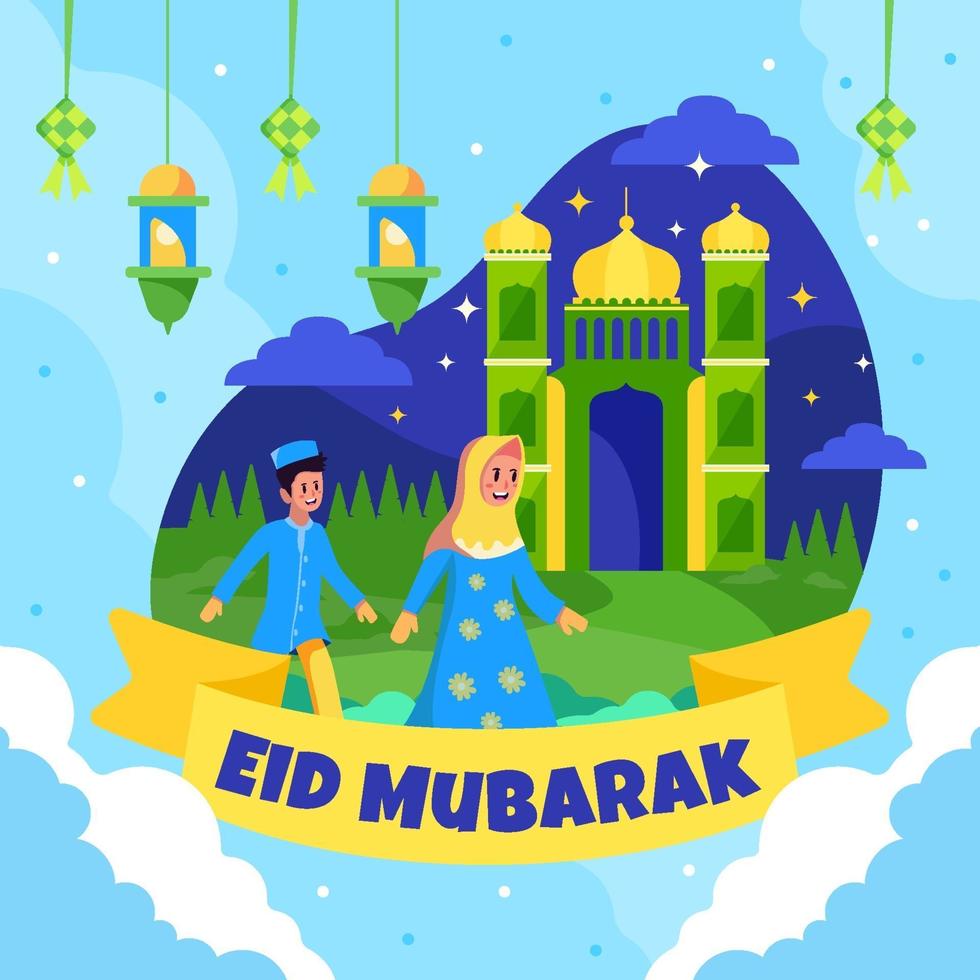 jongen en meisje die naar moskee lopen vieren eid vector