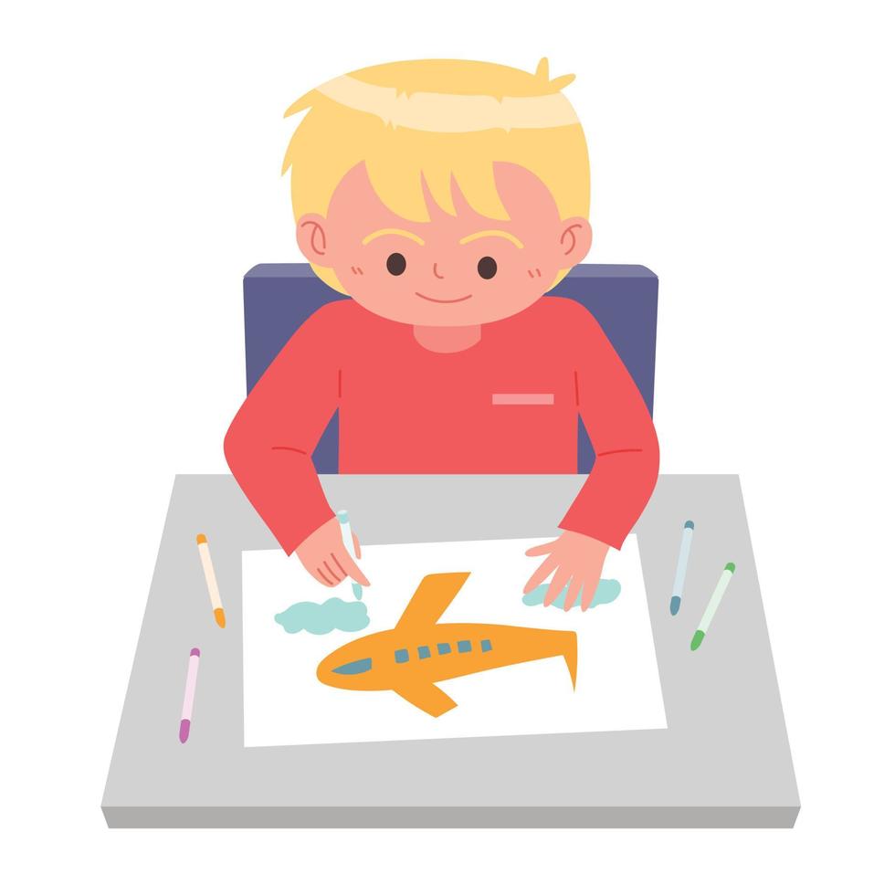 weinig jongen zittend Bij tafel en tekening afbeelding tekenfilm vector