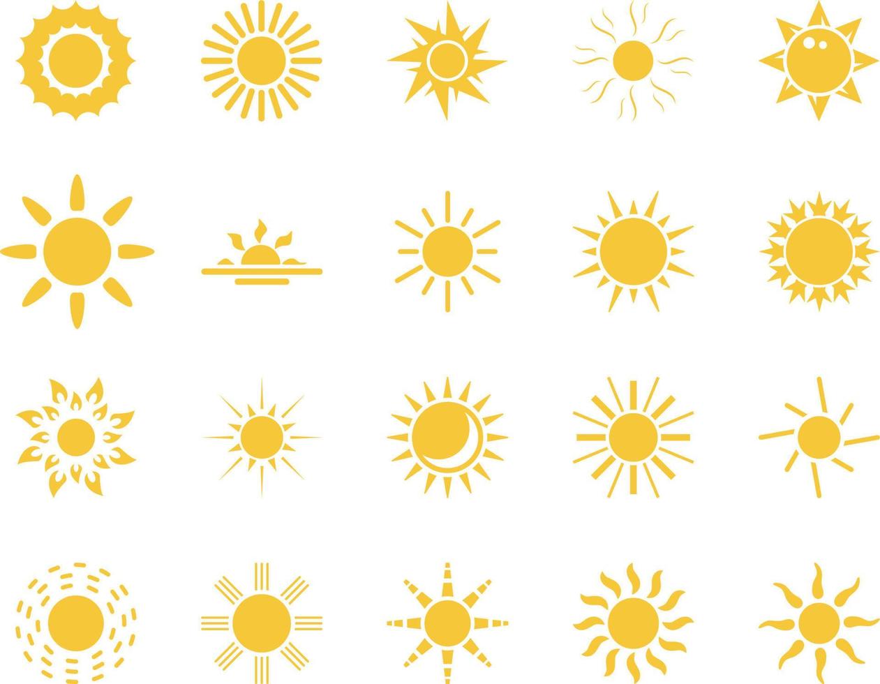 zon. zomer tijd icoon set. reeks van geel pictogrammen van de zon, geïsoleerd Aan wit achtergrond . vector