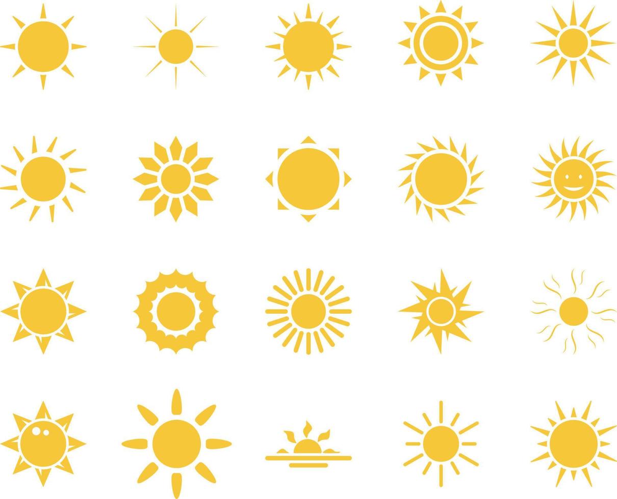 zon. zomer tijd icoon set. reeks van geel pictogrammen van de zon, geïsoleerd Aan wit achtergrond . vector