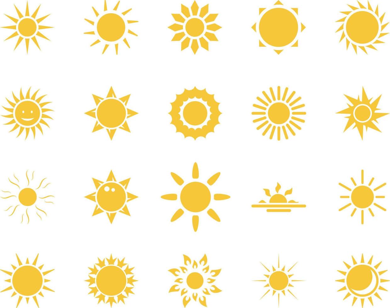 zon. zomer tijd icoon set. reeks van geel pictogrammen van de zon, geïsoleerd Aan wit achtergrond . vector