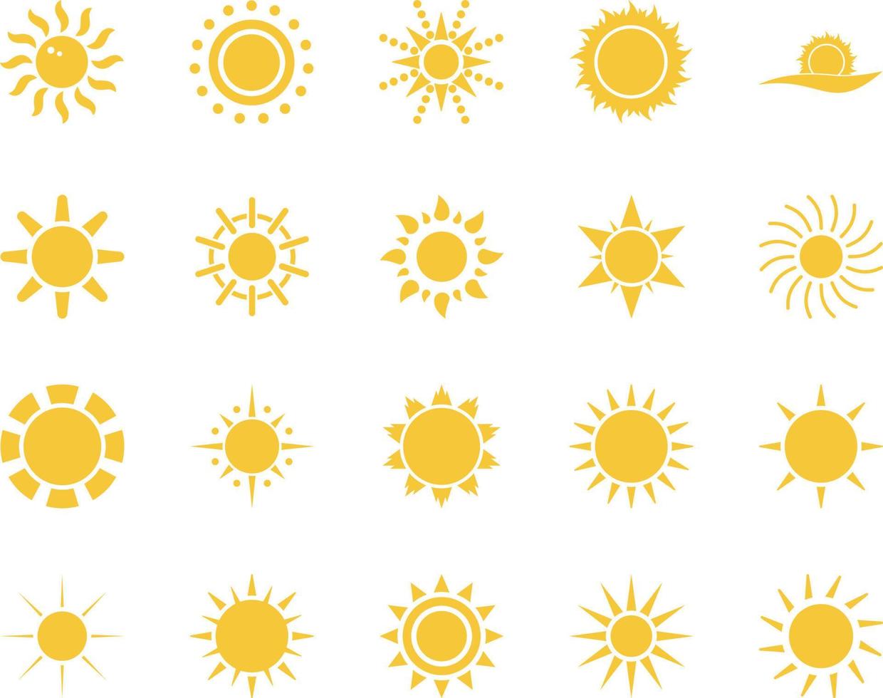 zon. zomer tijd icoon set. reeks van geel pictogrammen van de zon, geïsoleerd Aan wit achtergrond . vector