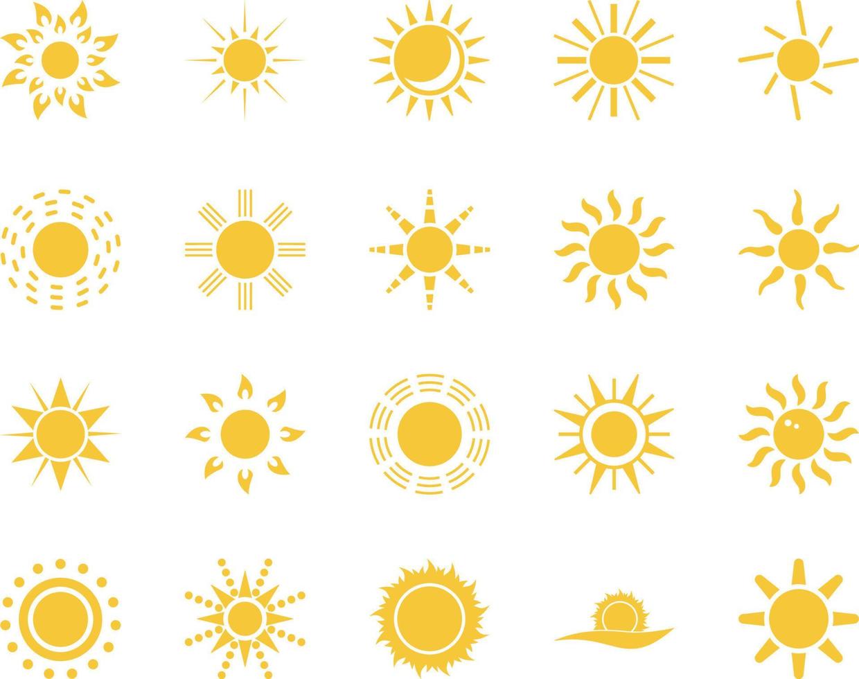 zon. zomer tijd icoon set. reeks van geel pictogrammen van de zon, geïsoleerd Aan wit achtergrond . vector