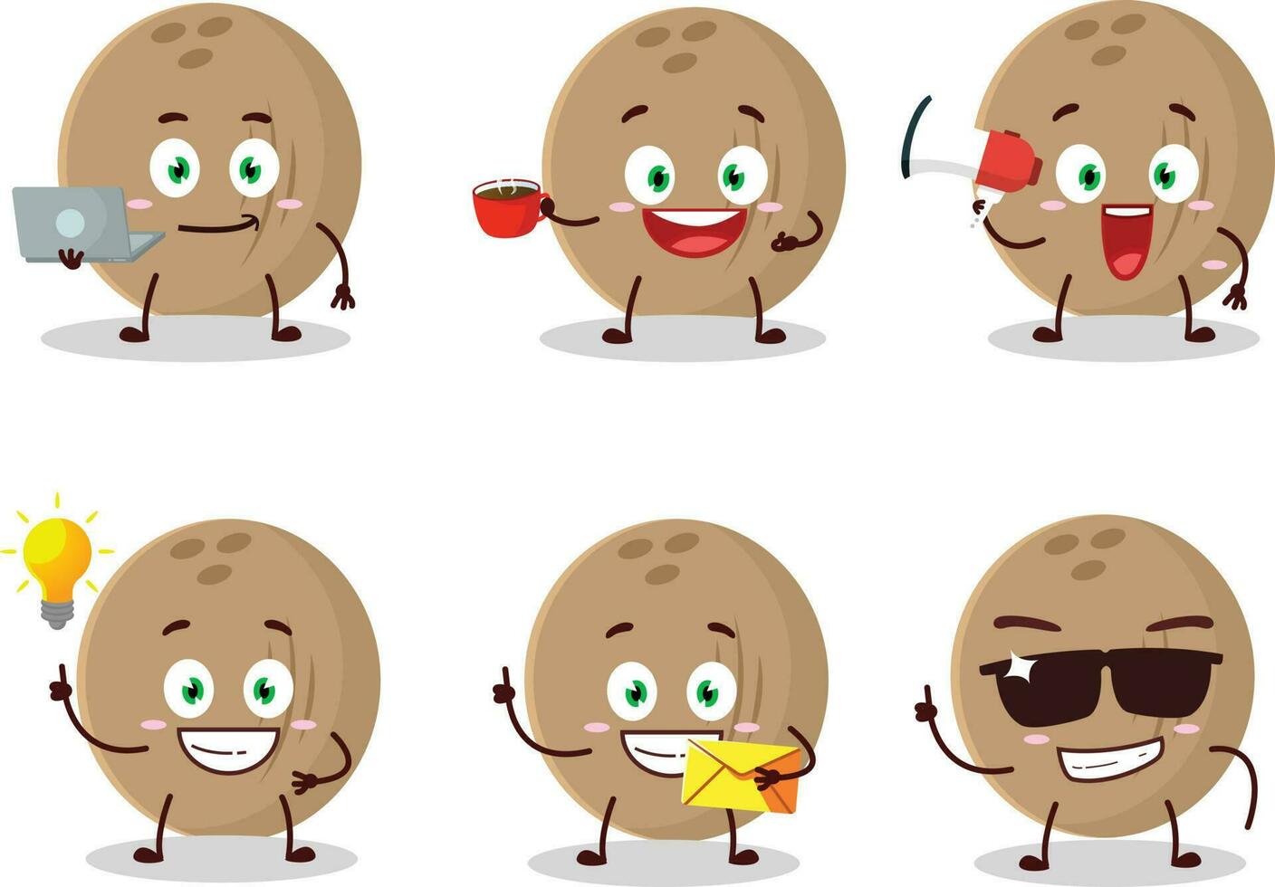 bruin kokosnoot tekenfilm karakter met divers types van bedrijf emoticons vector