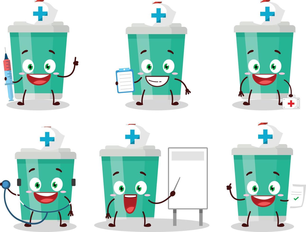 dokter beroep emoticon met Frisdrank fles tekenfilm karakter vector