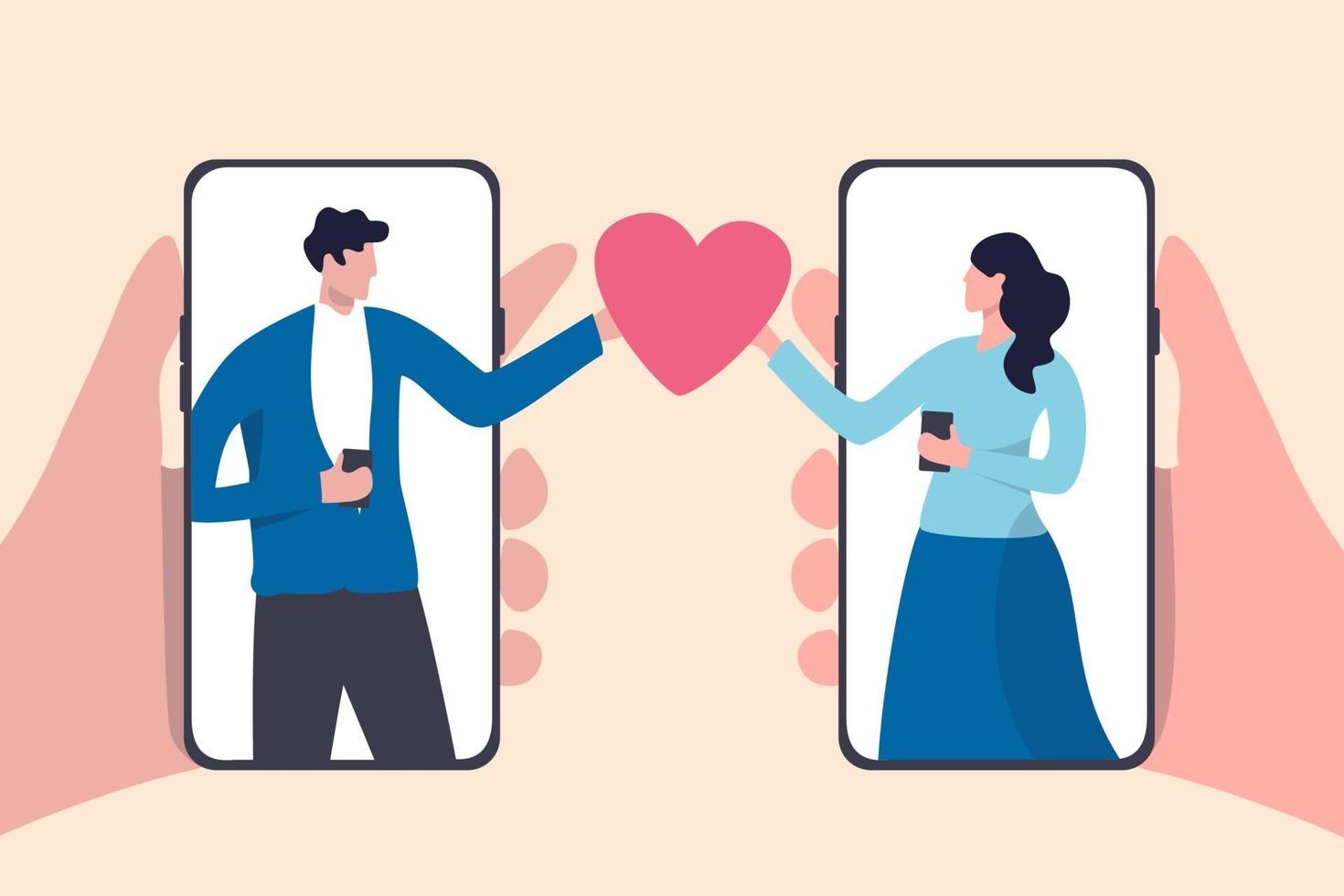 online dating mobiele applicatie, met behulp van digitale datingservice om minnaar of relatieconcept te vinden, jong koppel duizendjarige man en vrouw met behulp van slimme telefoontoepassing en met romantisch hart. vector