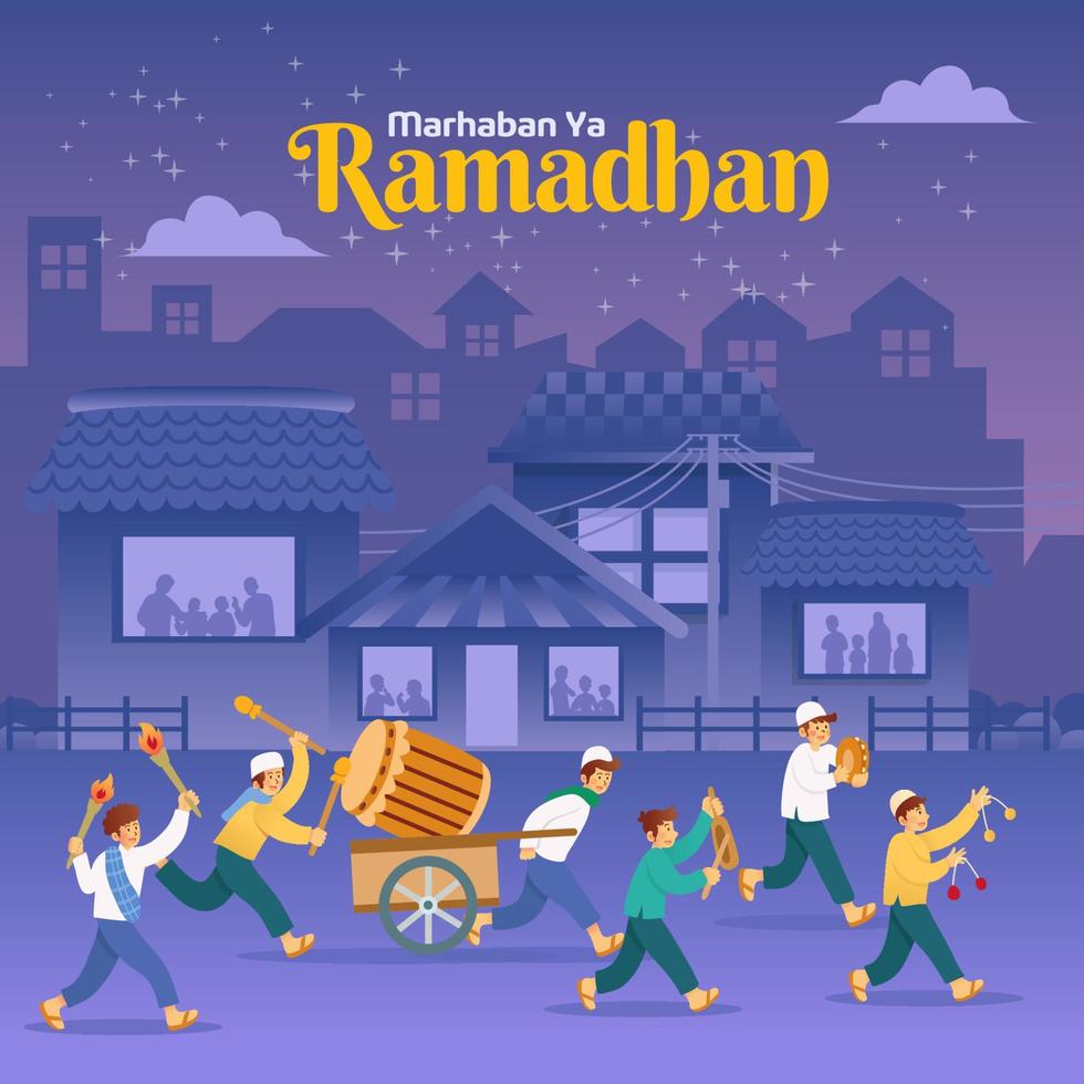 marhaban ja ramadan, vertaling Welkom Ramadan met betawi traditie gebeld ngarak bedug of paraderen een groot houten trommel naar wakker worden omhoog buren voor sahur gedurende de Ramadhan vastend maand vector