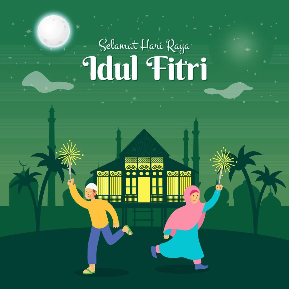 selamat hari raya idul fitri is een ander taal van gelukkig eid mubarak in Indonesisch. kinderen in moslim kleren jumping en spelen met voetzoeker vieren eid mubarak in de dorp vector