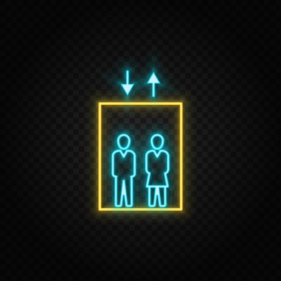 omlaag, lift, optillen neon icoon. blauw en geel neon vector icoon. transparant achtergrond