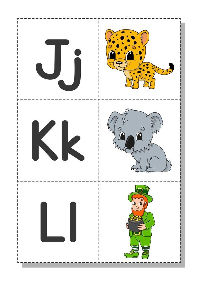 engels alfabet met stripfiguren j, k, l. flash-kaarten. vector set. heldere kleurstijl. leer abc. kleine letters en hoofdletters.