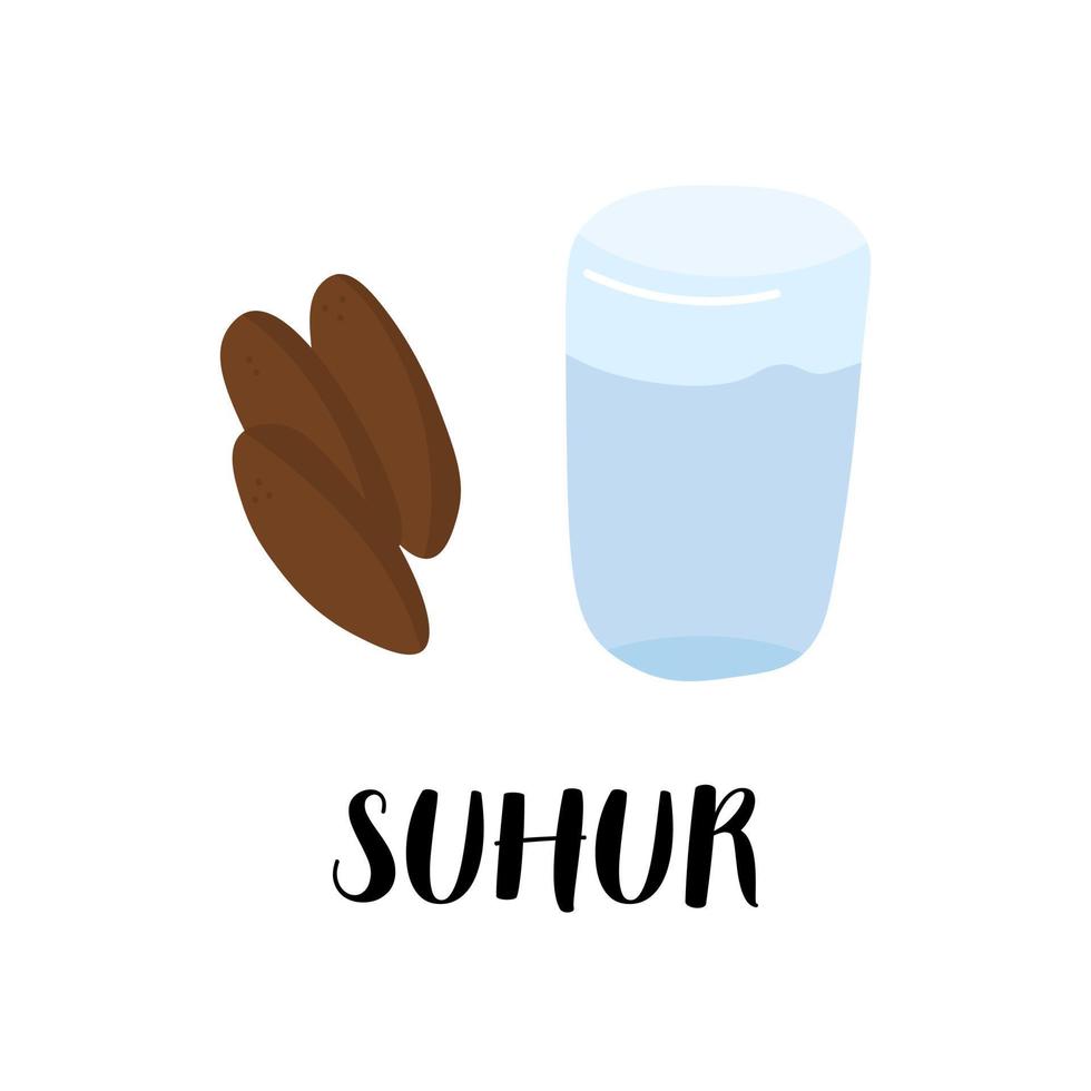 suhur Ramadan ontbijt met water en datums. moslim vastend familie illustratie. vector