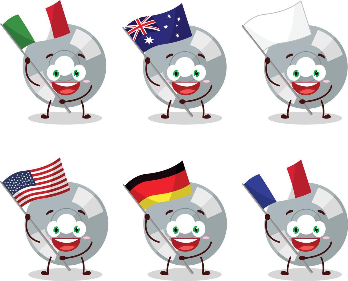 compact schijf tekenfilm karakter brengen de vlaggen van divers landen vector