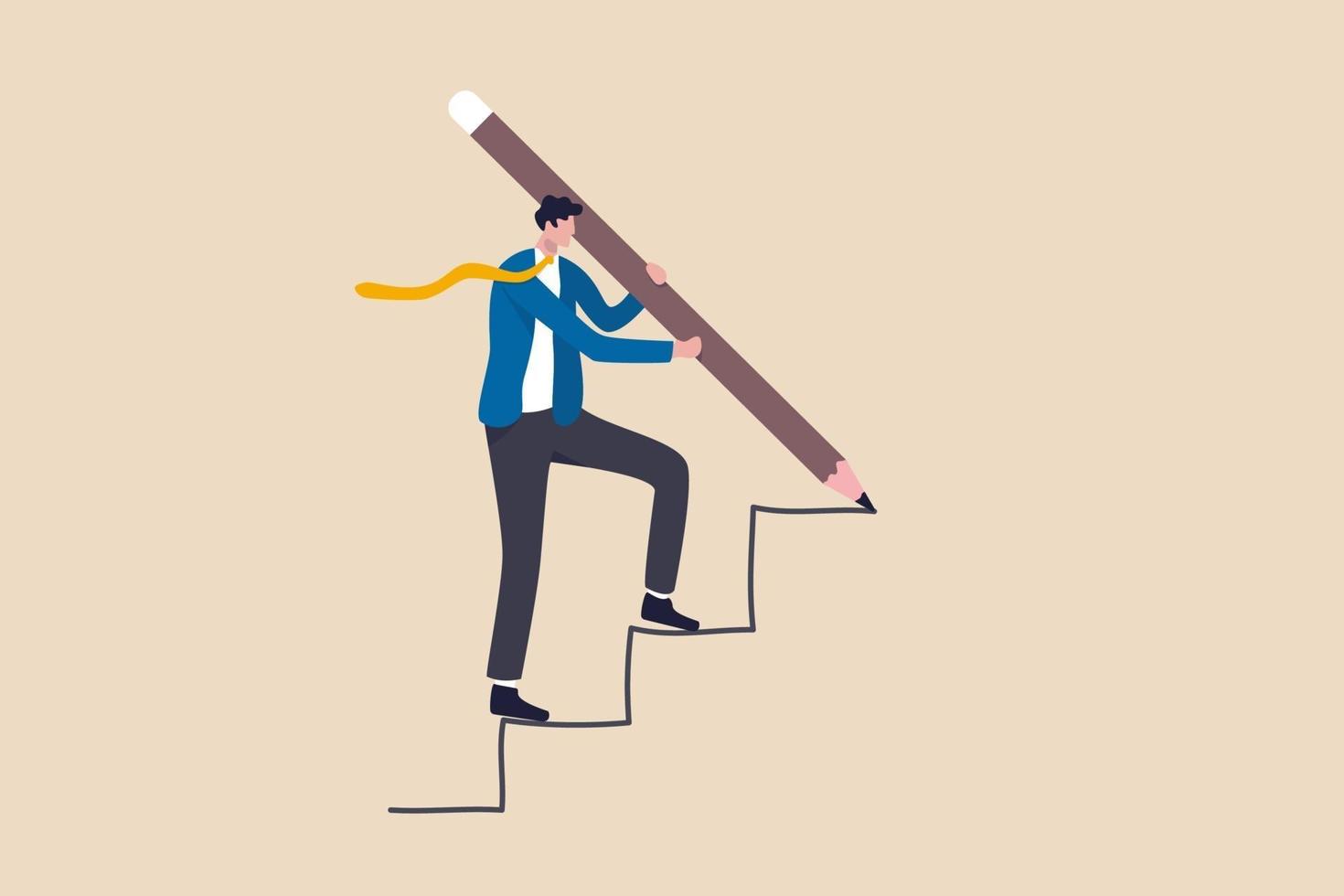 bedrijfsontwikkeling succesvol, strategie om bedrijfsdoel of carrièrepadprestatieconcept te bereiken, slimme zakenman gebruikt enorm potlood om een stijgende trap te tekenen en de ladder op te klimmen. vector
