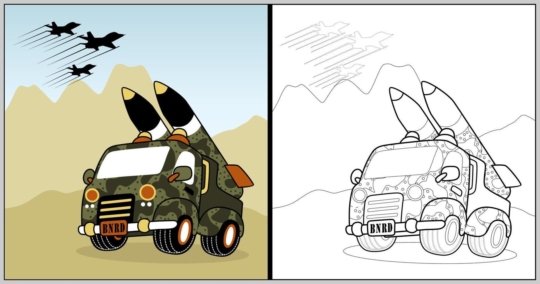 vector tekenfilm van leger vrachtauto met raket, kleur boek of bladzijde