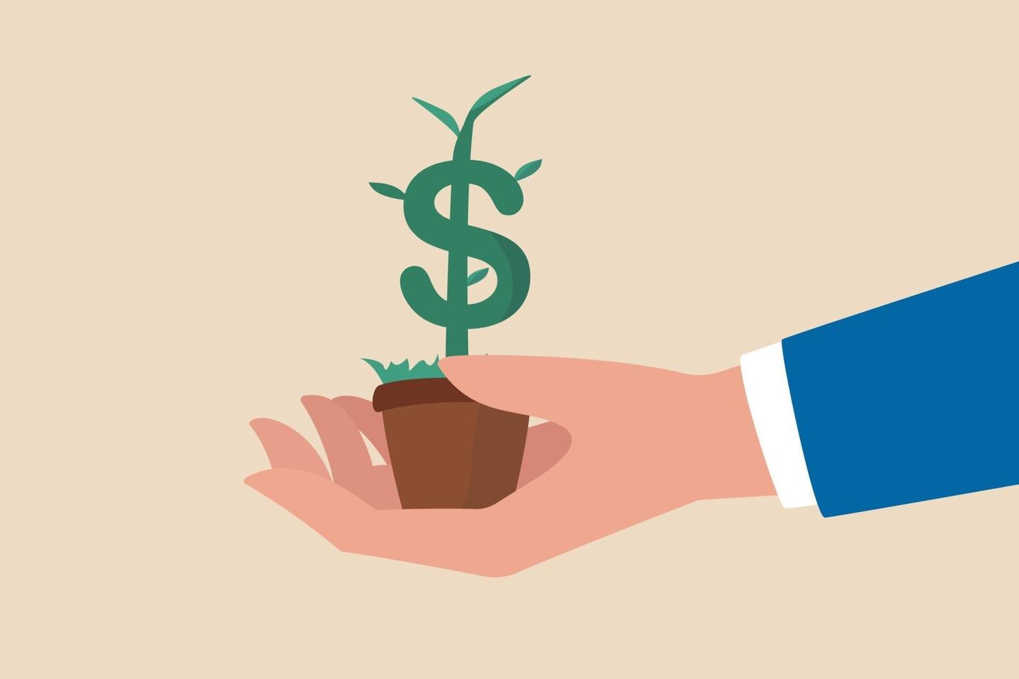 groei aandelenrendement of dividendinvesteringen, sparen en welvaart of succes bedrijfsconcept prestatie, zakenman investeerder hand aanbesteding houd planten pot met groeiende geldboom met dollarteken. vector