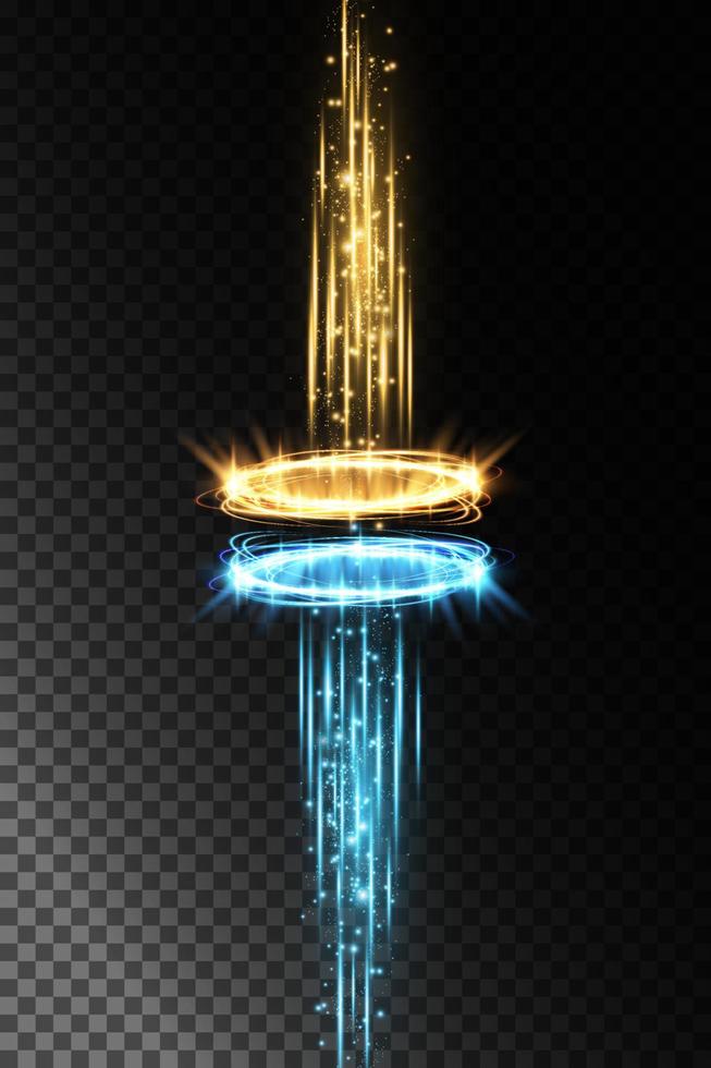 magie portalen Aan de nacht tafereel. blauw en goud ronde hologrammen met stralen van licht en schittert. gloeiend futuristische teleporteren tunnel met kopiëren ruimte Aan zwart achtergrond. vector