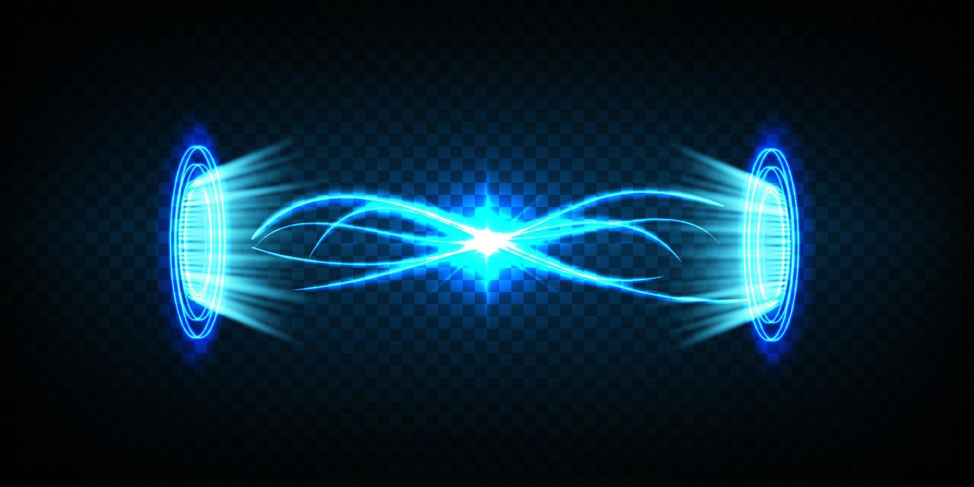 magie portalen Aan de nacht tafereel. blauw ronde hologrammen met stralen van licht en schittert. gloeiend futuristische teleporteren tunnel met kopiëren ruimte Aan zwart achtergrond vector