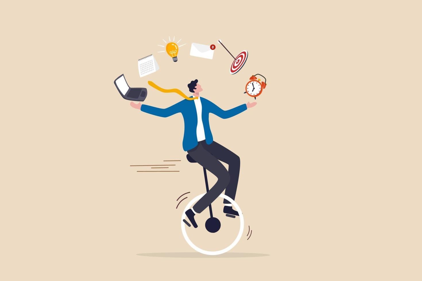 productieve meester, productiviteit en projectmanagementvaardigheid, multitasking werk en tijdmanagementconcept, bekwame zakenman die eenwieler jongleren met elementen, laptop, agenda, ideeën en e-mails. vector