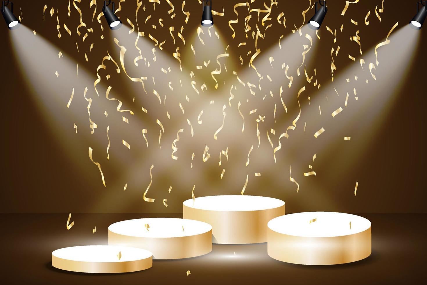 gouden podium met een spotlight Aan een donker achtergrond, vallend gouden confetti, eerste plaats, roem en populariteit. vector illustratie.
