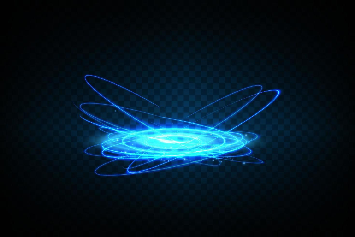 magie portalen Aan de nacht tafereel. blauw ronde hologrammen met stralen van licht en schittert. gloeiend futuristische teleporteren tunnel met kopiëren ruimte vector