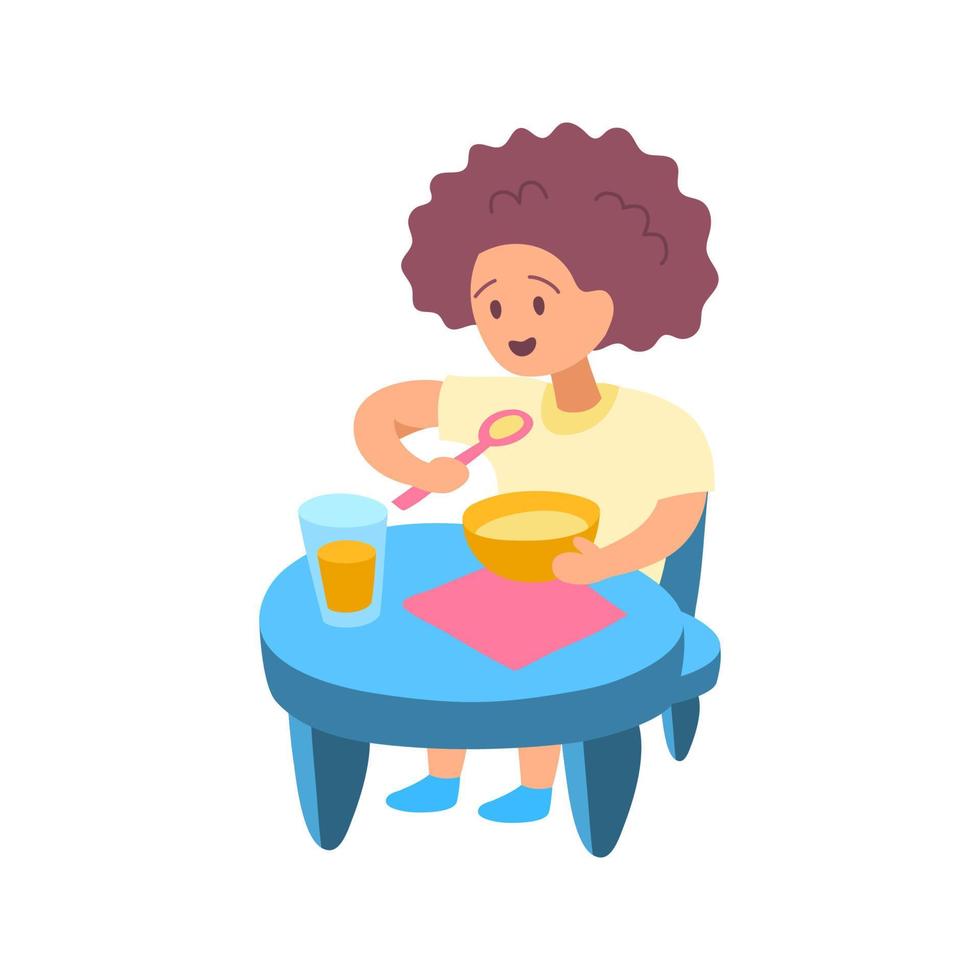 tekenfilm karakter meisje eet ontbijt schattig weinig kind concept. vector