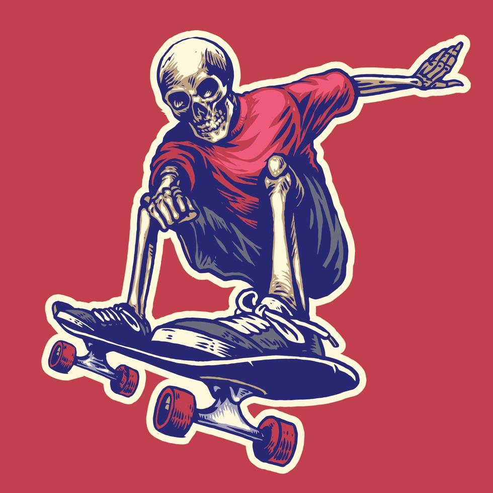 hand- tekening stijl van schedel rijden een skateboard vector