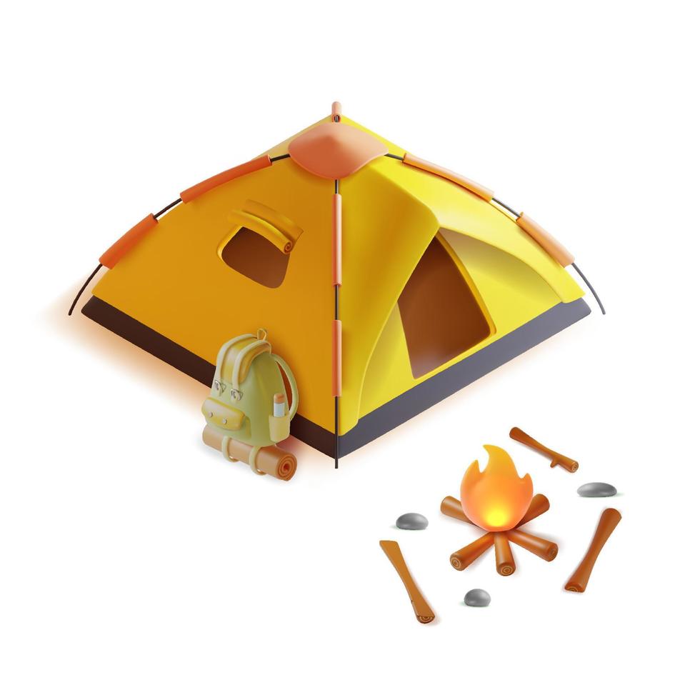 3d camping concept elementen plasticine tekenfilm stijl omvatten van kamp feesttent, kampvuur en rugzak. vector illustratie