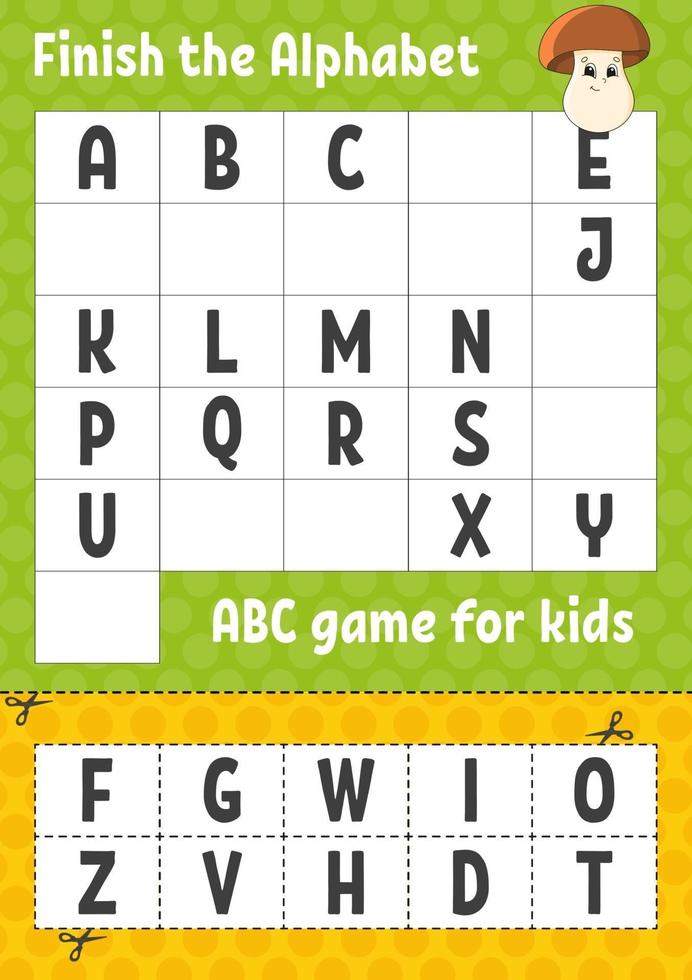 maak het alfabet af. abc-spel voor kinderen. knip en lijm. onderwijs ontwikkelend werkblad. leerspel voor kinderen. kleur activiteitenpagina. vector