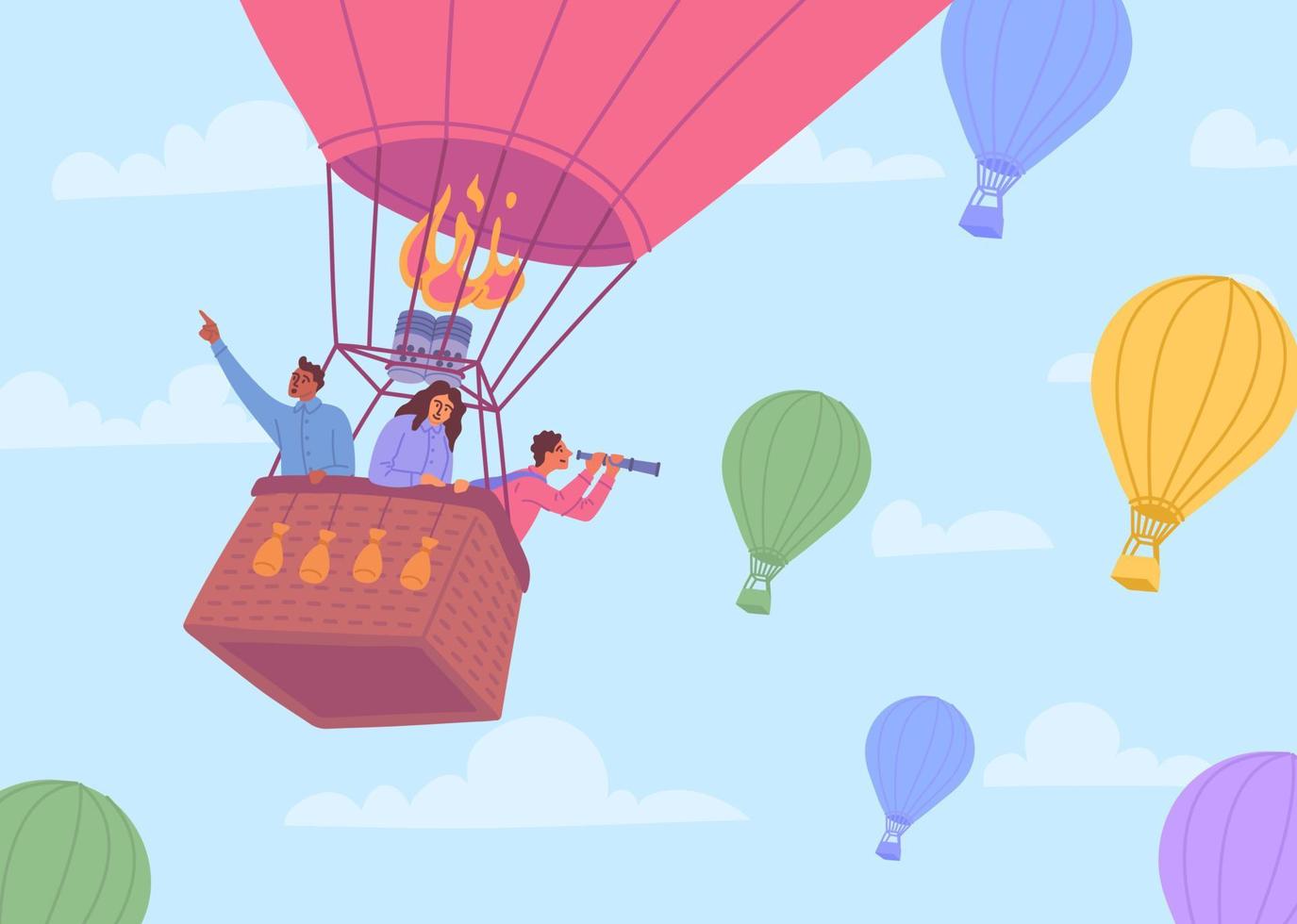 tekenfilm kleur tekens bedrijf personen in heet lucht ballon concept. vector