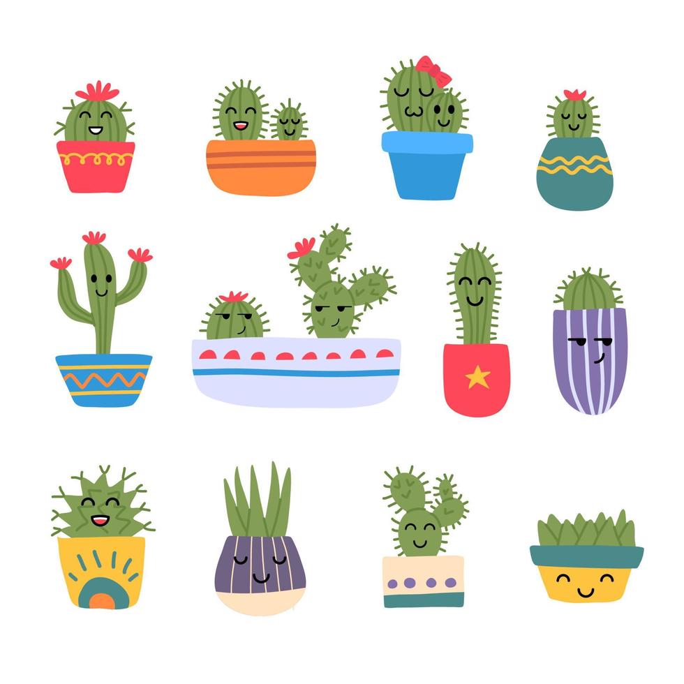 tekenfilm karakter mascotte schattig cactus pictogrammen set. vector
