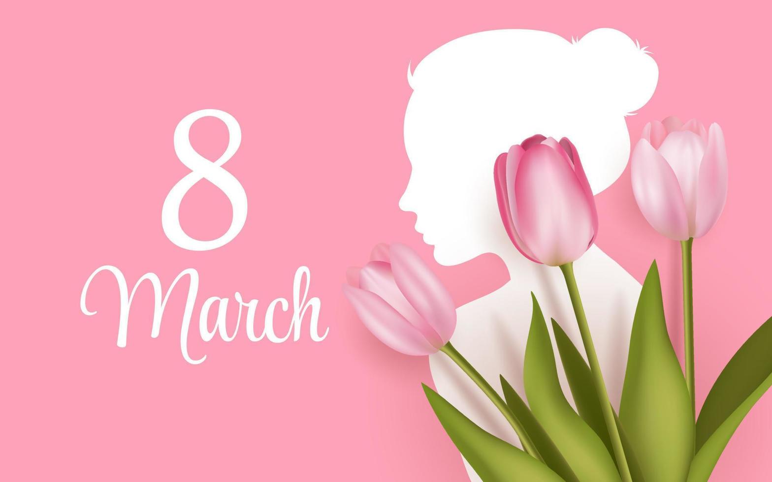 8 maart groet banier met roze realistisch tulp bloem boeket. vrouw besnoeiing uit silhouet, vrouwen dag website hoofd vector illustratie. sjabloon voor reclame, web, sociaal media pastel roze.