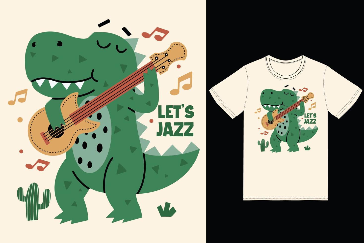 schattig dinosaurus spelen bas gitaar illustratie met t-shirt ontwerp premie vector